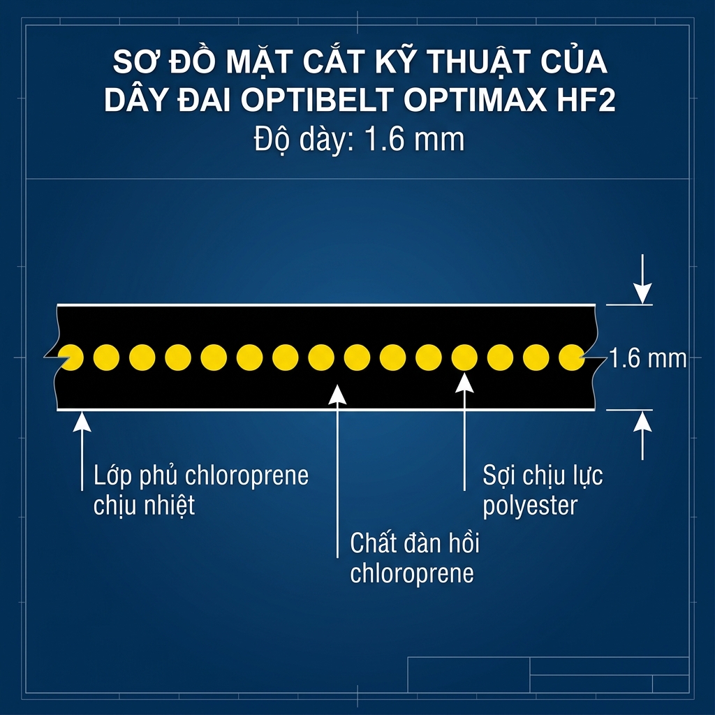 Sơ đồ cấu trúc mặt cắt ngang dây đai dẹt Optibelt OPTIMAX HF2