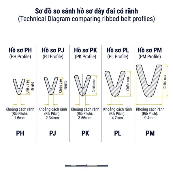 So sánh 5 profile dây đai nhiều rãnh dọc Optibelt RB từ PH đến PM