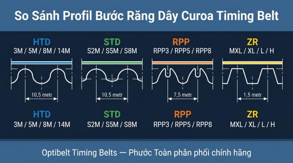 Sơ đồ so sánh profile bước răng các dòng Timing Belt Optibelt — HTD, STD, RPP, ZR