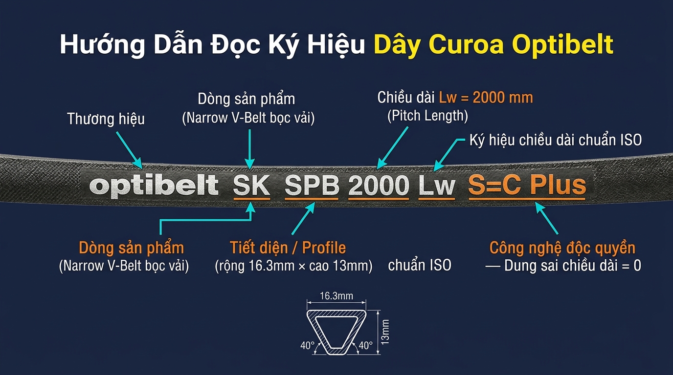 Infographic hướng dẫn đọc ký hiệu mã dây curoa Optibelt — giải thích từng thành phần