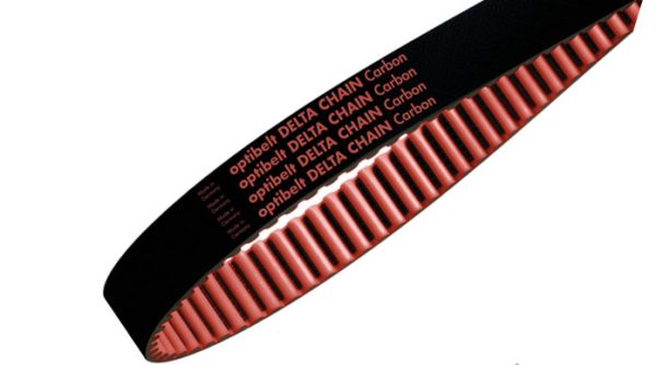 Cận cảnh cấu tạo sợi carbon và răng đai polyurethane đỏ của Optibelt Delta Chain Carbon