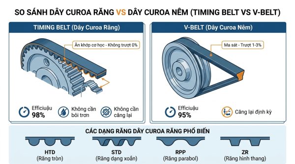 Timing Belt ăn khớp cơ học (hiệu suất 98%, không trượt) vs V-Belt ma sát — và 4 dạng răng: HTD, STD, RPP, ZR