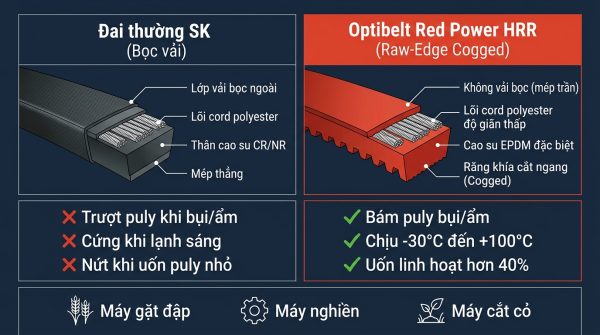 So sánh cấu trúc tiết diện: Đai thường SK (bọc vải) vs Optibelt Red Power HRR (Raw-Edge Cogged) — lý do HRR bám puly tốt hơn, uốn linh hoạt hơn 40% và chịu -30°C đến +100°C